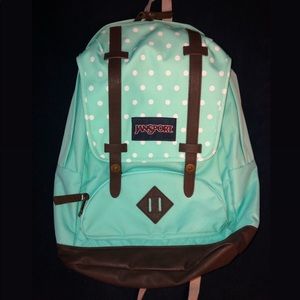 Jansport Mint/ aqua & white polka dotted backpack
